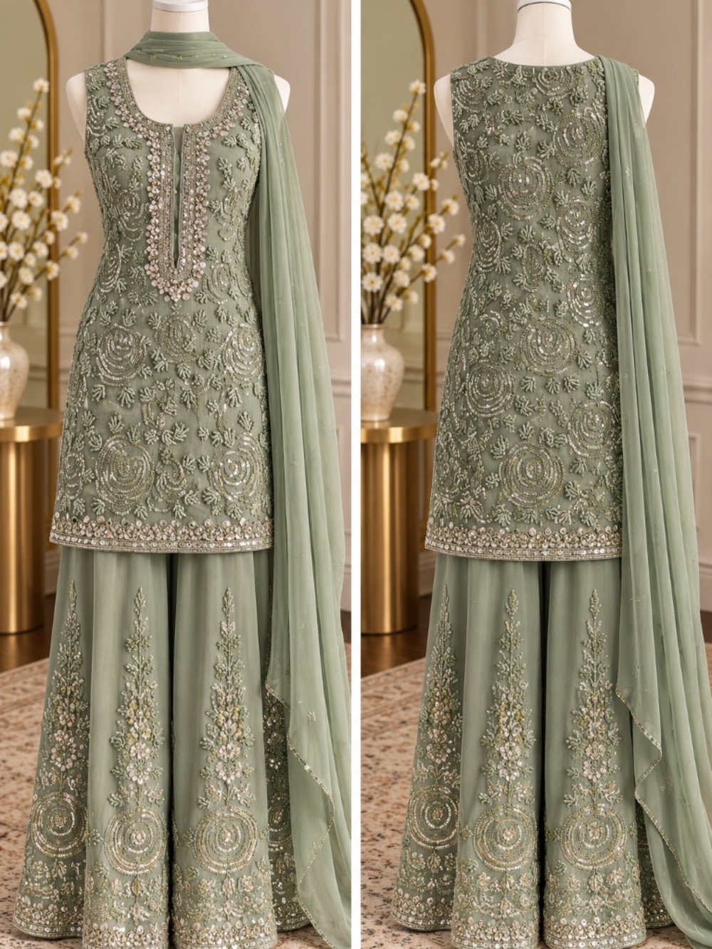 Sage Green Embroidered Indian Formal Outfit – 3 Piece Set + Free Purse!